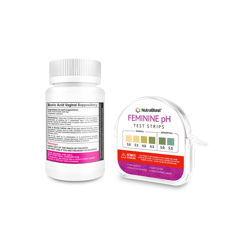 [Australia] - NutraBlast Boric Acid Vaginal Suppositories 600mg (30 Count) w/ Feminine pH Test Strips 3.0-5.5 (100 Tests Roll) | Monitor Intimate Health | Accurate Women’s Acidity & Alkalinity 