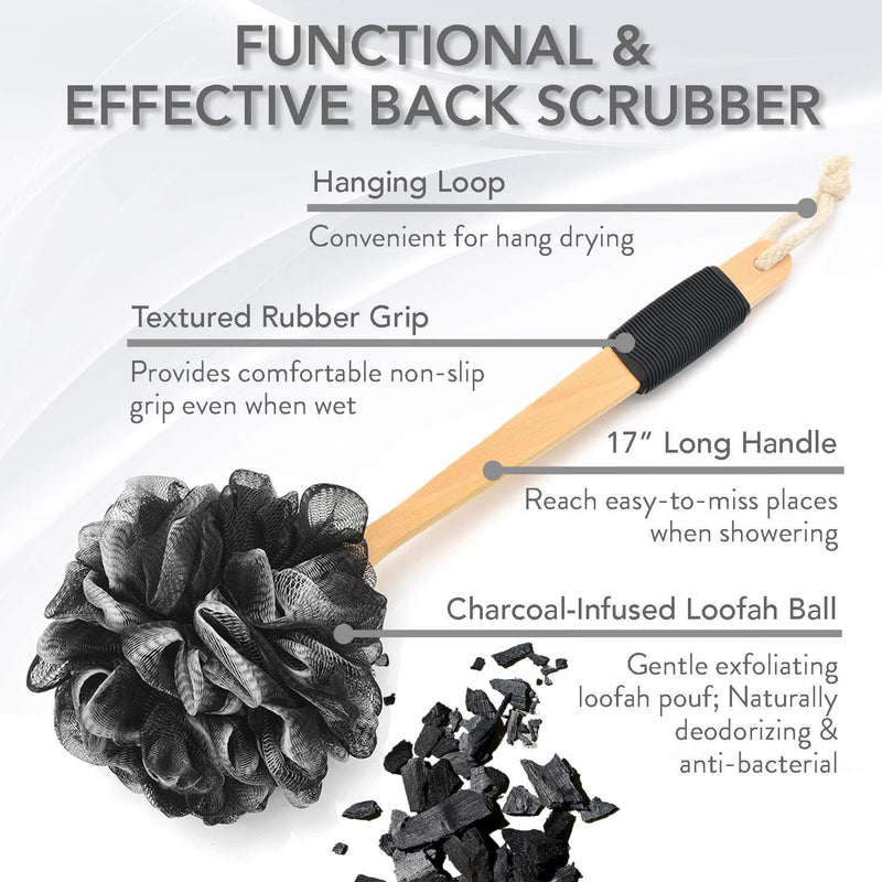 [Australia] - YOOVE Loofah Back Scrubber with Bamboo Charcoal | Loofah Sponge with Long Handle for Shower | Exfoliating Luffa Bath Sponge for Body & Back 