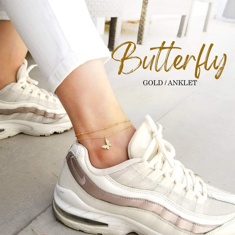 [Australia] - Ldurian Layered Initial Heart Anklet for Women, Personalized 14K Gold Plated Little Cute Heart Letter Ankle Bracelet, Dainty Foot Jewelry, Summer Boho Beach Foot Chain, Gift for Her 01 Butterfly Layered Anklet 