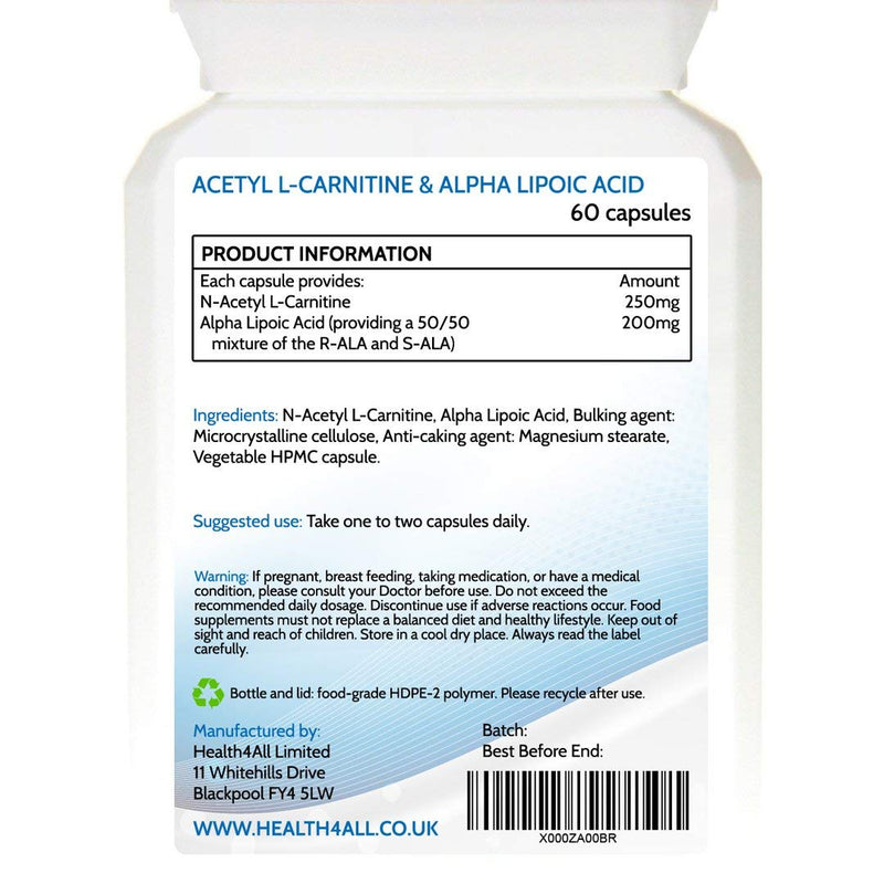 [Australia] - Acetyl L-Carnitine 250mg & Alpha Lipoic Acid 200mg 120 Capsules (V) . Vegan ALCAR ALA Capsules. Made in The UK by Health4All 120 Count (Pack of 1) 