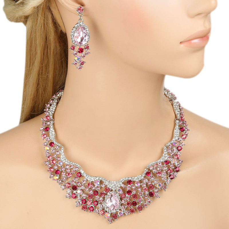 [Australia] - EVER FAITH Women's Austrian Crystal Flower Cluster Teardrop Necklace Earrings Set Pink Silver-Tone 