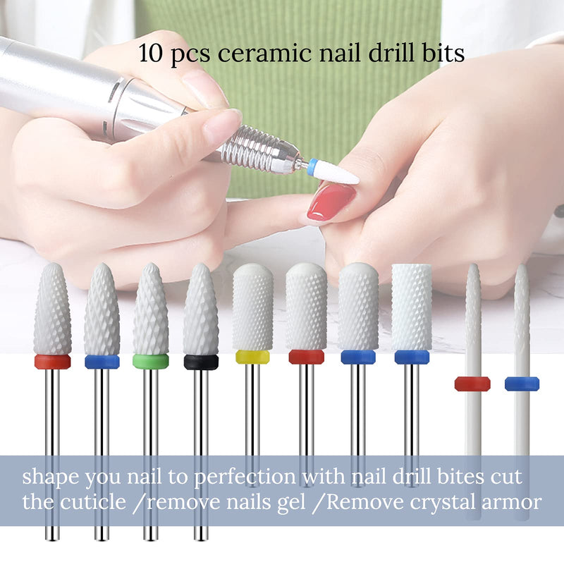 [Australia] - Ceramic Nail Drill Bits 10Pcs- 3/32 Nail Drill Bits Set for Acrylic Gel Nails Professional Nail Drill Bits Cuticle Remover Crystal nail extension nail removal 