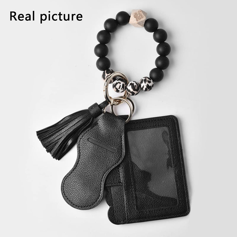 [Australia] - Women Wristlet Bracelet Keychain Wallet,Silicone Beaded Bangle Keyring Tassel Black One Size 