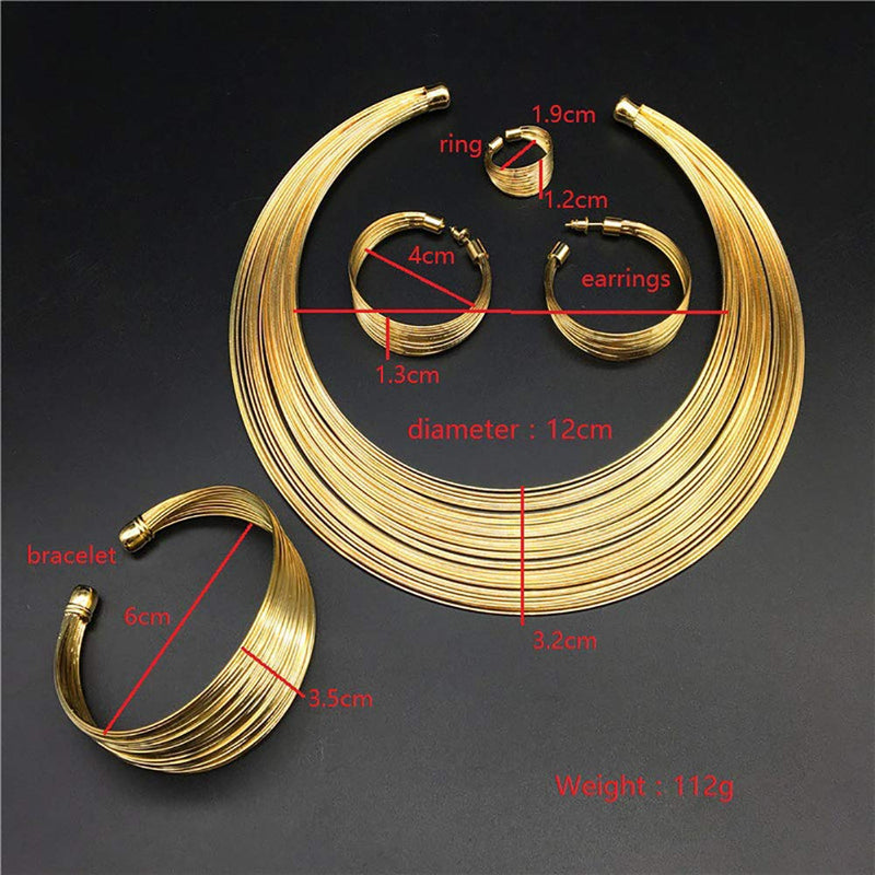 [Australia] - HENGYID African Art Style Multi-Layer Gold Plated Chain Choker Necklace Hoop Earrings Cuff Bangle Bracelet Ring Set 