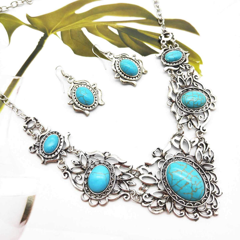 [Australia] - Turquoise Necklace Earrings Sets Bohemian Bib Pendant Costume Jewelry Fashion Geometric Flower Chain for Women and Girls Gift Christmas Thanksgiving 