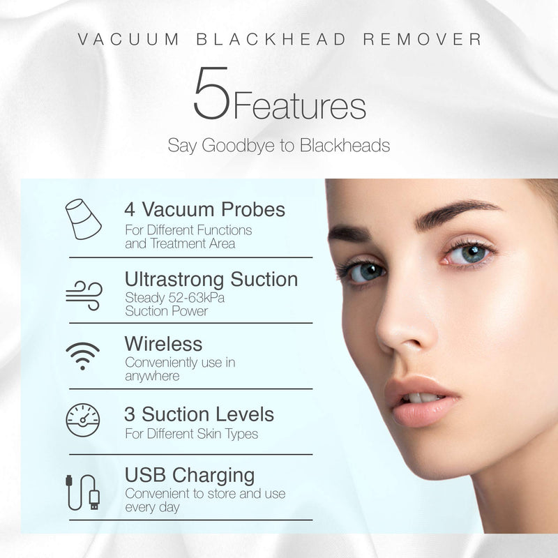 [Australia] - Project E Beauty Vacuum Blackhead Remover Extractor Facial Acne Whitehead Pimple Pore Nose Face Cleanser Tool Device USB Rechargeable 3 Adjustable Suction Power & 5 Replacement Probes for Men & Women 