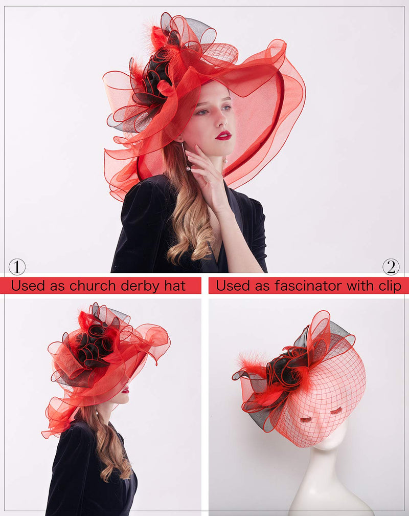 [Australia] - Z&X Women's Kentucky Derby Church Hat Organza Wide Brim Ruffle Fasciantor Hats for Wedding Tea Party with Clip, Dual-use 02d Red and Black 