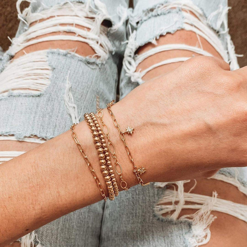 [Australia] - Reoxvo Gold Layered Bracelets for Women,18K Gold Plated Beaded Ball Bracelets for Women Gold Stackable Stretch Elastic Bracelets A: 4mm+4mm+link chain 