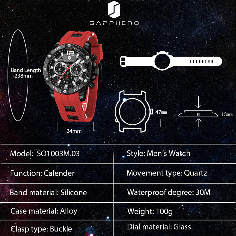 [Australia] - Watches for Men SAPPHERO Multifunction Chronograph Sport Mens Watch with Silicone Strap 3ATM Waterproof Analog Quartz Movement Fashion Business Design Best Gifts for Men red 