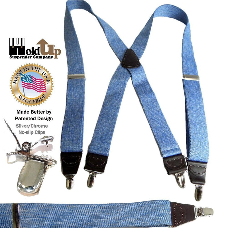 [Australia] - Holdup Suspenders in Light Blue Denim color have USA made 1 1/2" wide straps and X-back Crosspatch with No-slip Silver Clips 