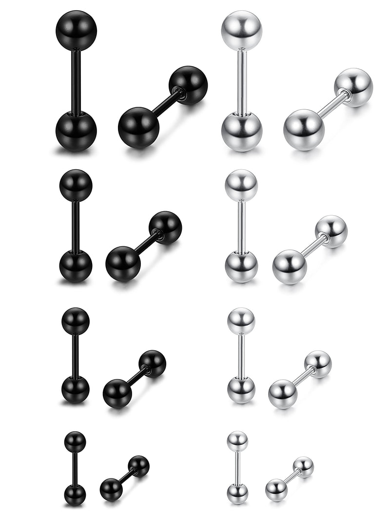 [Australia] - LOYALLOOK 8 Pairs Stainless Steel Ball Stud Earrings Barbell Cartilage Helix Ear Piercing 3-6mm 2 Colors 18G (4 pairs white+4 pairs black) 