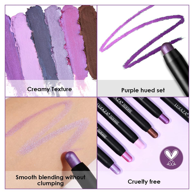 [Australia] - LUXAZA 6 PCS Purple Metallic Eyeshadow Stick,Light to Dark Cream Shimmer Eyeshadow Pencil Crayon,Pro Waterproof & Long Lasting Starter Eyeshadow Stick Sets Metallic Purple 