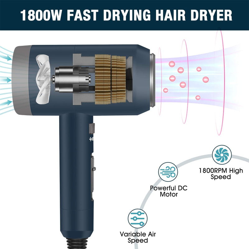 [Australia] - CONFU 1800W Hair Dryer, Ionic Hair Blow Dryer, Lightweight Hair Dryers with Cool Shot Button & Diffuser & Concentrator for Travel Salon Home Use, Dark Blue 