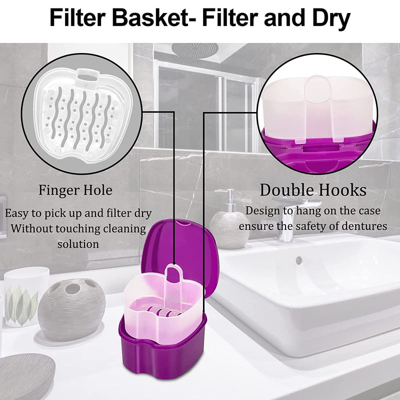 [Australia] - Retainer Case Denture Bath Box Easy Clean with Strainer Basket Portable False Teeth Storage Mouth Guard Denture Holder for Travel Retainer Soaking Cleaning (Purple) Purple 