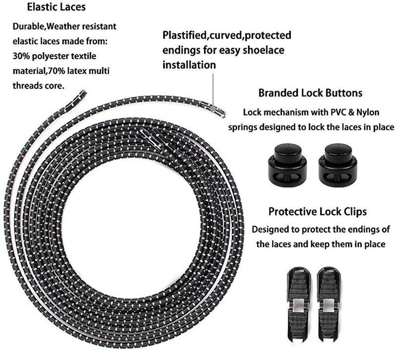[Australia] - No Tie Shoe Laces Elastic Laces for Trainers White and Black Shoe Laces One Size Fits All for Kids and Adults (2 Pairs) 