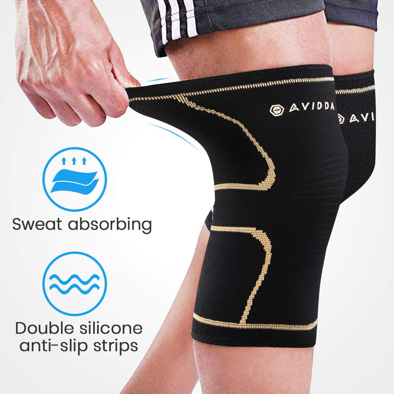 [Australia] - AVIDDA Knee Support Brace 2 Pack - Compression Knee Sleeves for Arthritis, Joint Pain, Ligament Injury, Meniscus Tear, ACL, MCL, Tendonitis, Running, Squats, Sports Gold Small Black Gold S 