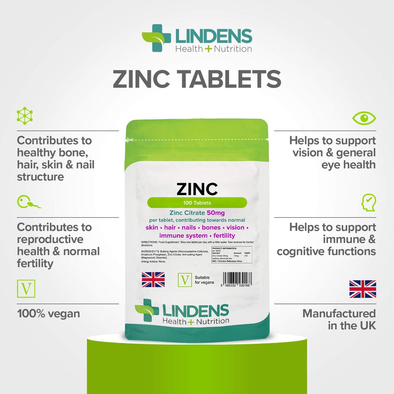 [Australia] - Lindens Zinc Citrate 50mg - 100 Vegan Tablets - Immune Function, Fertility, Healthy Bones, Vision, Hair, Nails and Skin - Made in The UK | (3+ Months Supply) | Letterbox Friendly 100 Count (Pack of 1) 