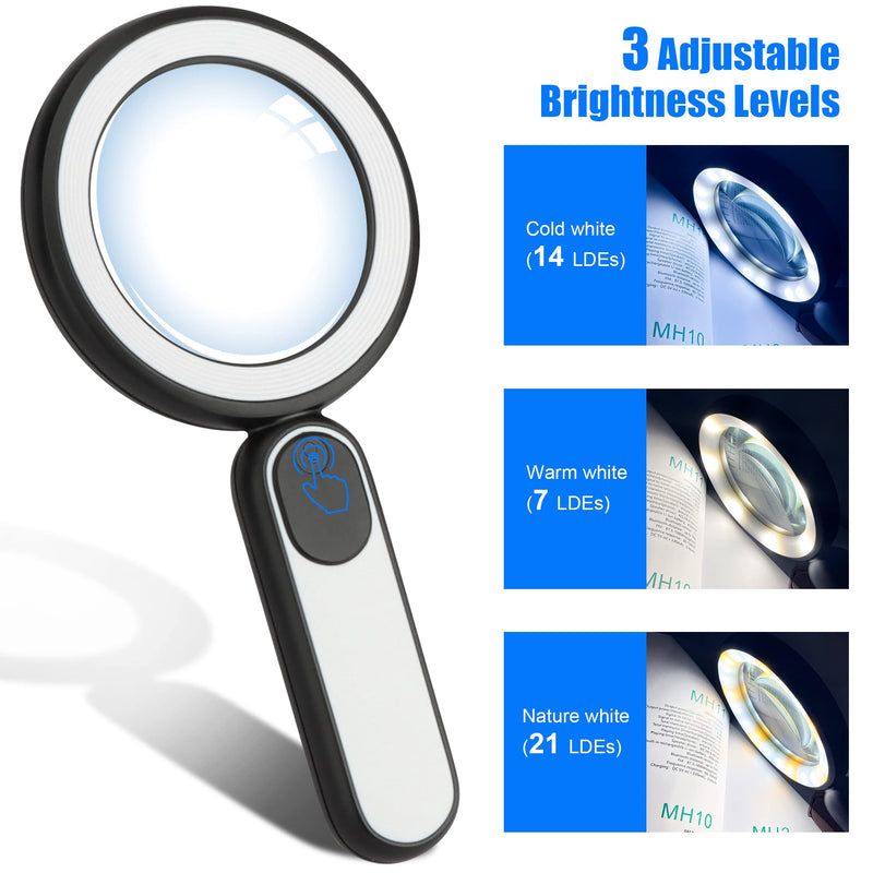 [Australia] - Magnifying Glass with Light, Handheld Illuminated Lighted Magnifying Glass with 21 Led, 3 Light Modes & Rechargeable USB Magnifier Seniors, Reading, Macular Degeneration, Exploring, Coins (Black) Black 