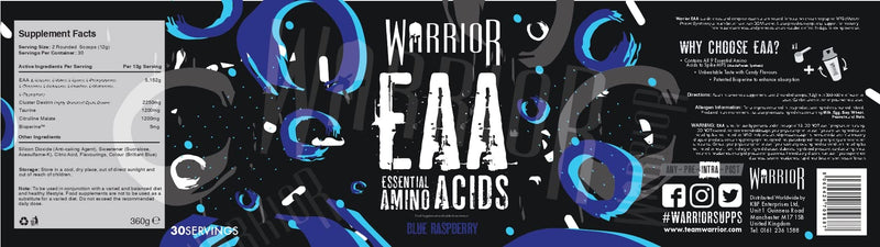 [Australia] - Warrior, EAA - Essential Amino Acids - 360g - Provides Exceptional Support for Recovery & Muscle Soreness - Formula Cyclic Dextrin, Taurine and More, Blue Raspberry 360 g (Pack of 1) 