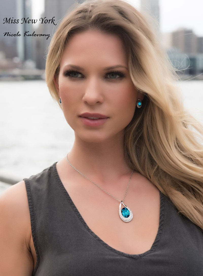 [Australia] - [Presented by Miss New York] Leafael"Angel's Teardrop" Made with Premium Crystals Blue Zircon Jewelry Set Earrings Necklace, 18" +2", Nickel/Lead/Allergy Free, Luxury Gift Box Blue Main Crystal/Silver-tone Chain 