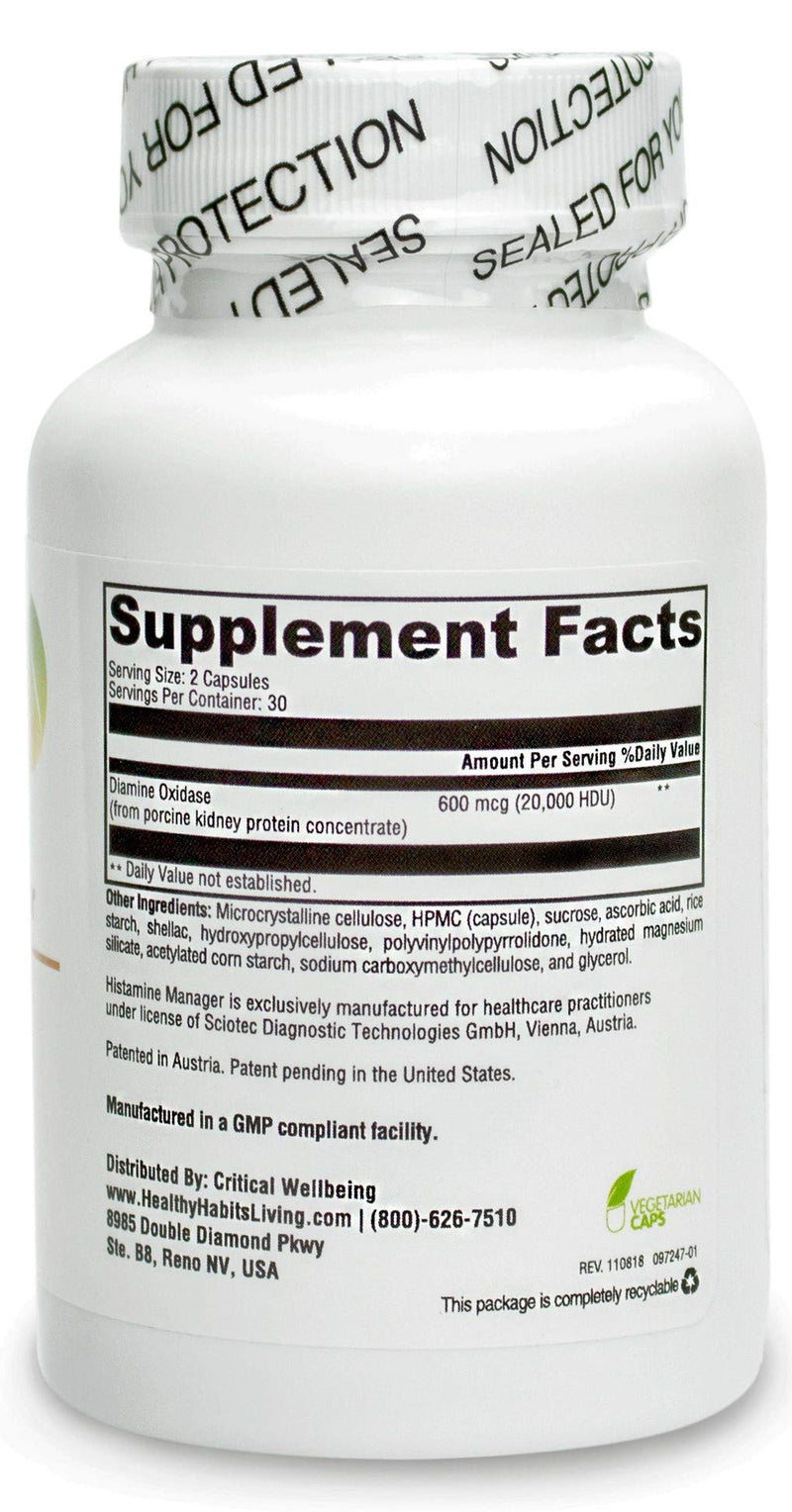 [Australia] - Histamine Manager – 20,000 HDU of Diamine Oxidase DAO per Serving – Digestive Enzyme to Help Block and Manage Food-Derived Histamine Intolerance – 60 Capsules (1 Bottle) 1 