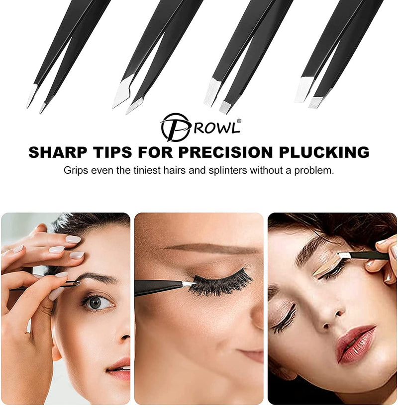 [Australia] - PROWL Professional Stainless Steel Tweezers for Facial Hair Women & Men – Set of 4 Eyebrow Tweezers for Ingrown Hair, Facial Hair, Splinter, Blackhead, and Tick Remover Black 