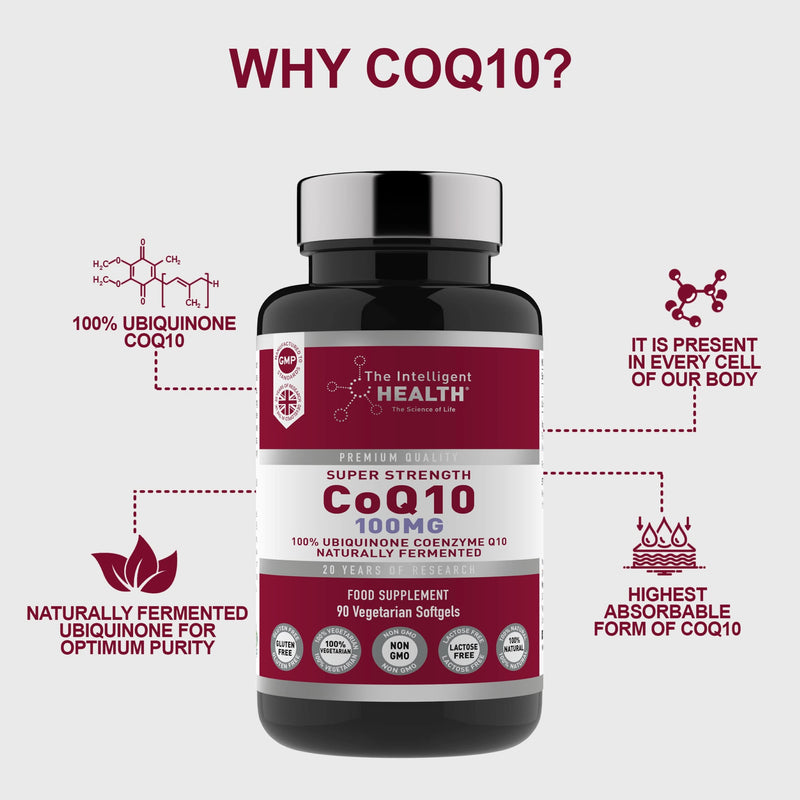 [Australia] - Ubiquinone Coenzyme Q10 100mg Softgel Capsules, 90 Super Strength Vegetarian Friendly Naturally Fermented High Absorption CoQ10 Capsules Made in The UK to GMP Standards – by The Intelligent Health 100 MG - 90 Capsules 
