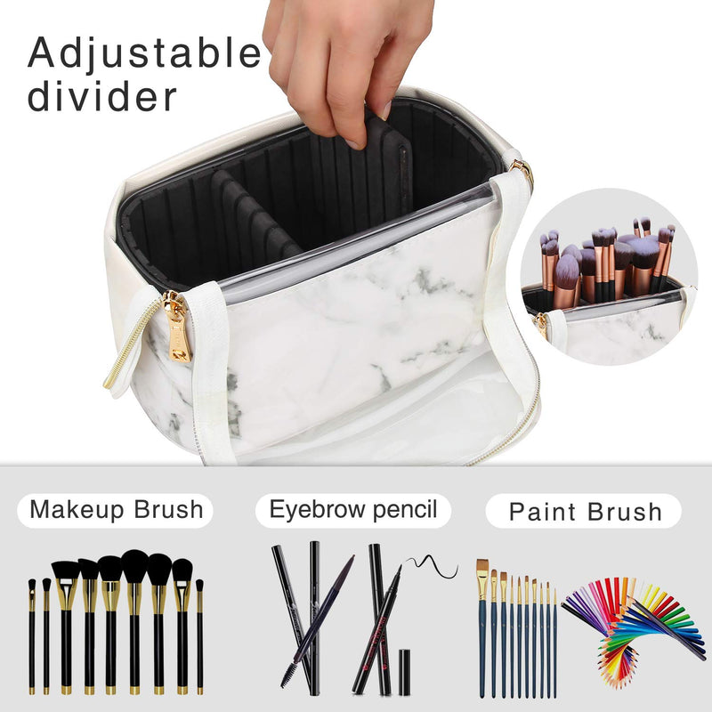 [Australia] - Makeup Brush Case Stand-up Makeup Cup Makeup Brush Holder Travel Professional Cosmetic Bag Artist Storage Bag with Shoulder Strap and Adjustable Divider (Marble) Small Marble White 