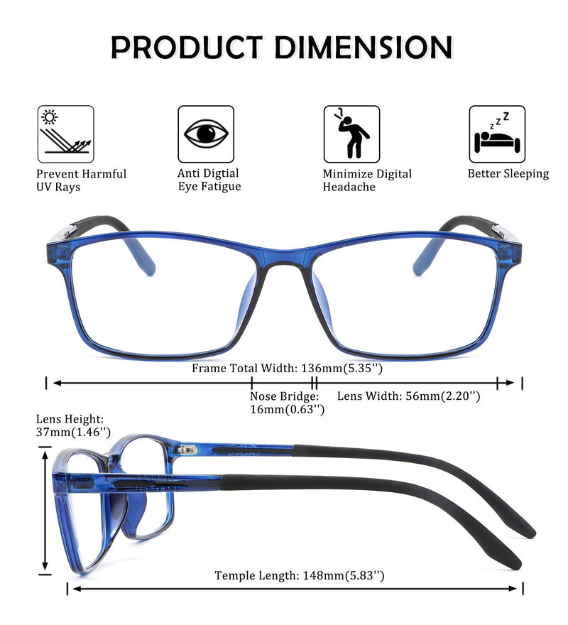 [Australia] - FEISEDY Square Men TR90 Frame Blue Light Blocking Reading Glasses, TR90 Rectangle Men Anti Blue Light Computer Reader B9026 Crystal Blue 2.0 x 