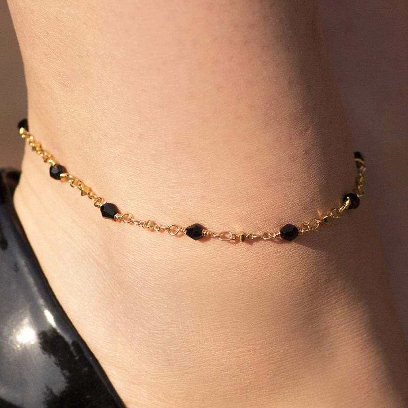 [Australia] - Lifetime Jewelry Ankle Bracelet [ 24k Gold Plated Chain with Diamond Shaped Black Stones ] Durable Anklets for Women Teens & Girls - Cute Gold Anklet Bracelets 9.0 Inches 