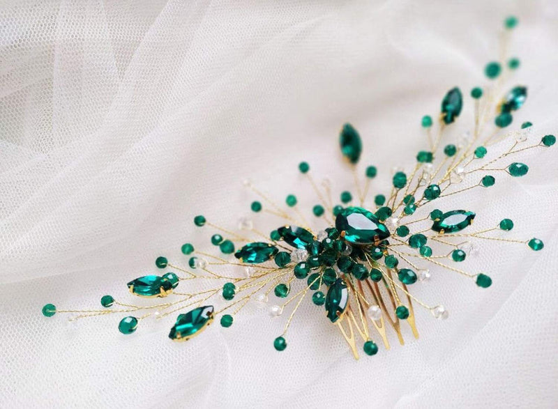 [Australia] - BERYUAN Women Gold Headpiece Teardrop Emerald Green Crystal Hair Vine Comb Wedding Hair Accessory Rhinestone Hair Piece Gift for Her Party Headress for Bride Bridesmaid Girls(Gold) 
