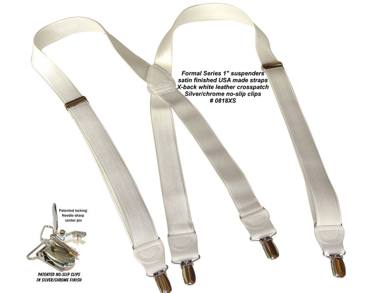 [Australia] - Holdup Brand X-back 1" wide Satin Finish White Suspenders with No-slip Silver Clips 