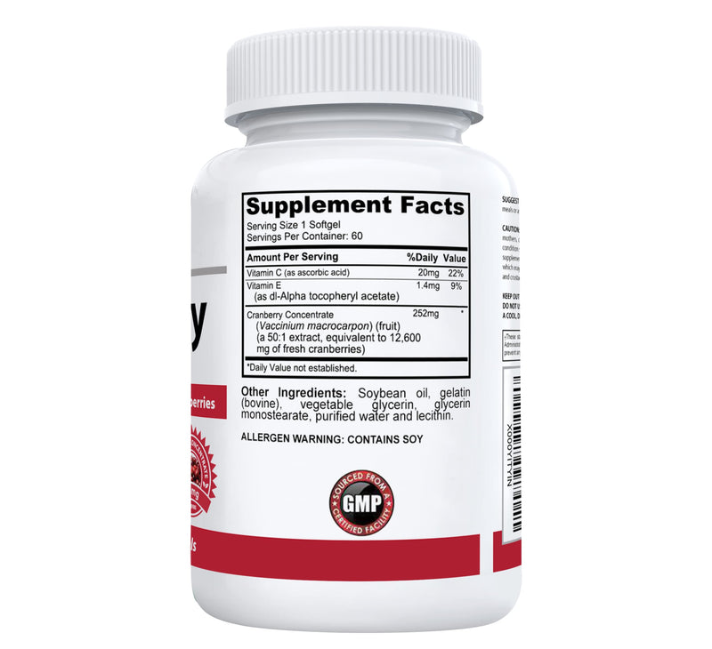 [Australia] - #1 Cranberry Extract Concentrate | 12,600 mg of Fresh Cranberries, Vitamin C + E | Bladder & Urinary Tract Support | Sugar Free | 60 Softgel Capsules 