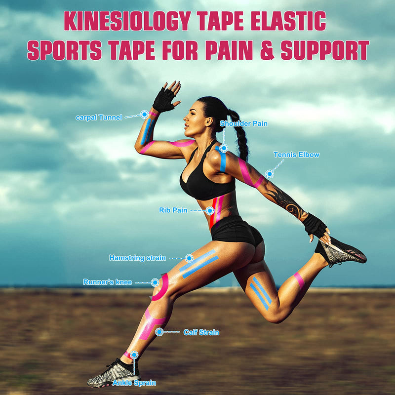 [Australia] - Kinesiology Tape Precut(4 Pack) Kinetic Tape Rolls Athletic Tape Elastic Therapeutic Sport Tape for Knees, Ankles, Shoulder, Elbow, Pain Relief and Injury Recovery 2 Inch x 16.4 ft (Black) (4 Pack) Black 