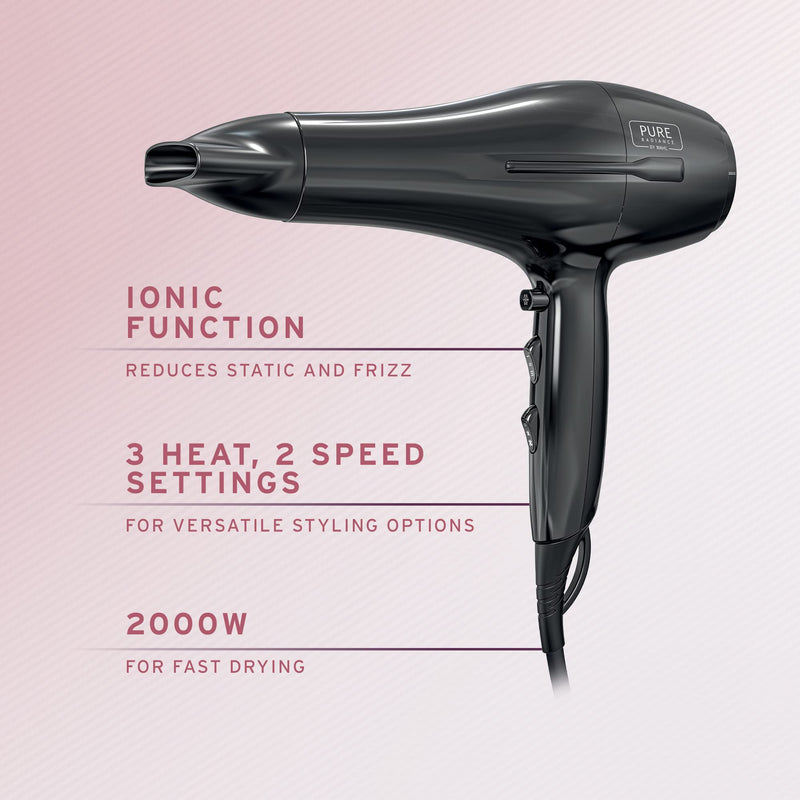 [Australia] - WAHL Pure Radiance by Wahl Hair Dryer, 2000W Dryer, Hair Dryers for Women, Cool Shot Button, 3 Heat and 2 Speed Settings, Ionic Function for Shinier Results, Concentrator Nozzle Black 