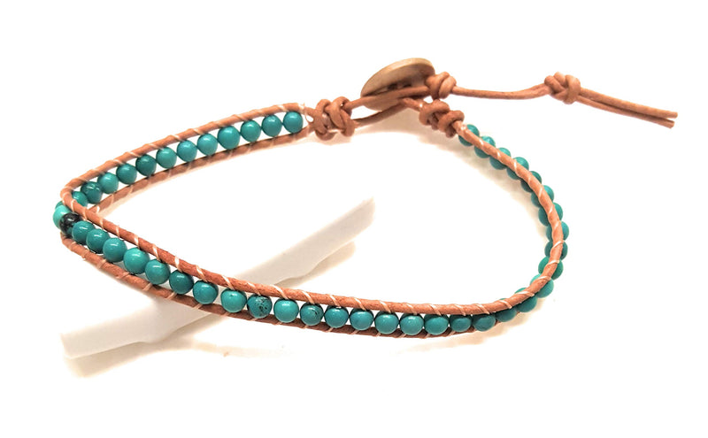 [Australia] - Infinityee888 Turquoise Anklet Bracelet Woven with Light Brown Leather Cord Handmade Hippie Bohemian Unisex Anklet for Men, Women MJTQL1 