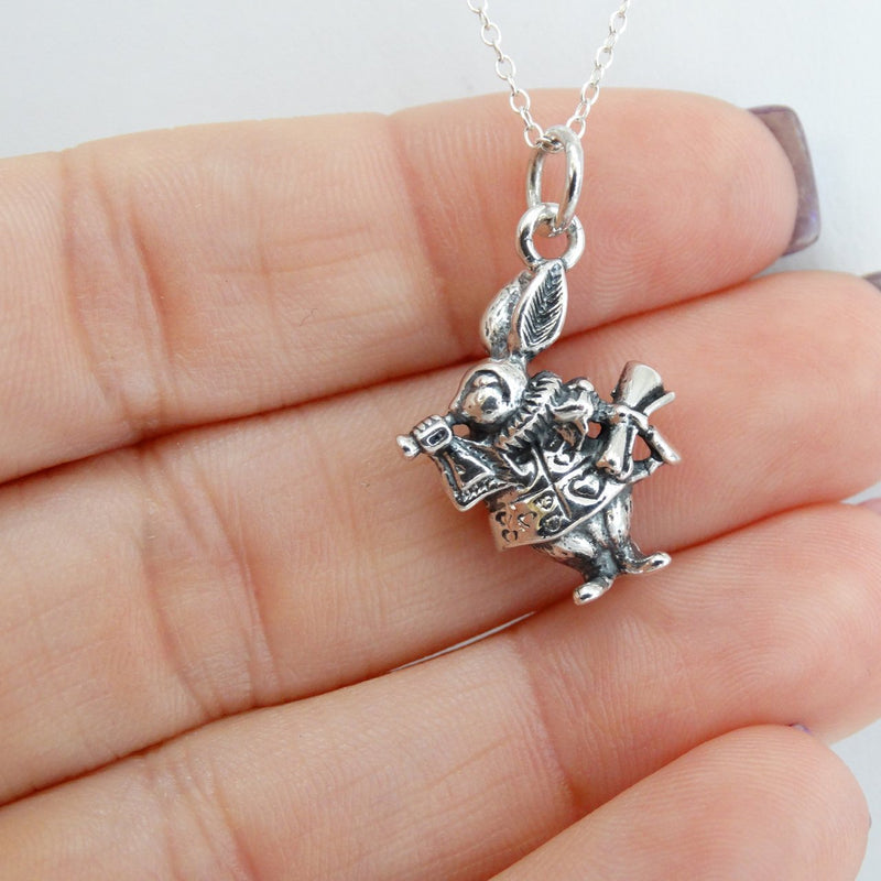 [Australia] - FashionJunkie4Life Sterling Silver 3D White Rabbit Charm Necklace, 18" Chain, Alice in Wonderland Character 