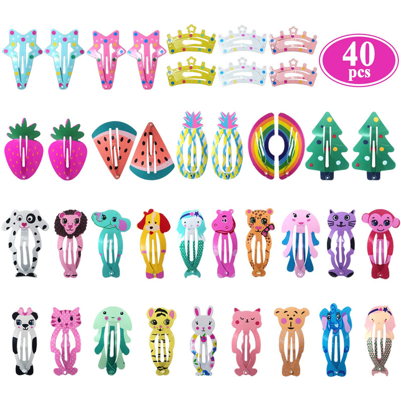 [Australia] - Hair Clips for Girls, Funtopia 100 Pcs No Slip Metal Snap Hair Clips Barrettes for Kids Teens Women, Cute Candy Color Cartoon Design Hair Pins (Animals Fruits Crowns Stars) 