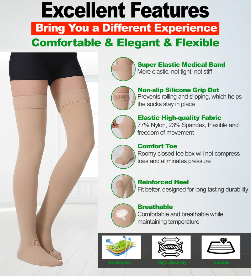 [Australia] - Thigh High Compression Stockings, Closed Toe, Pair, Firm Support 20-30mmHg Gradient Compression Socks with Silicone Band, Unisex, Opaque, Best for Spider & Varicose Veins, Edema, Swelling, Beige L Large (1 Pair) 