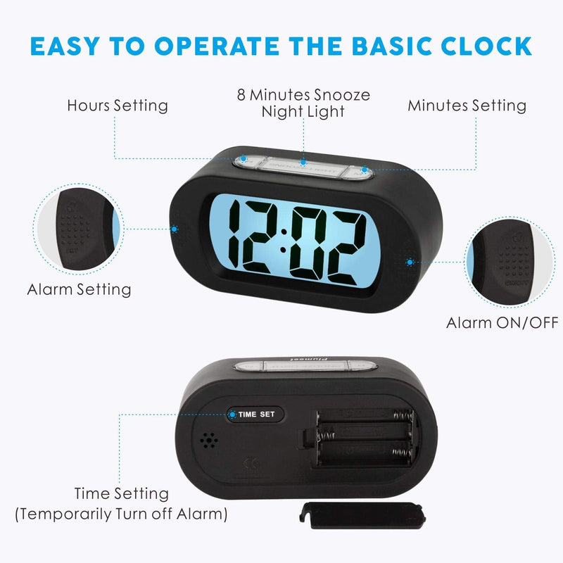 [Australia] - Digital Alarm Clock - Plumeet Travel Clock with Snooze and Nightlight - Easy to Set Simple Bedside Alarm Clocks for Kids - Ascending Sound - Battery Powered (Black) Black 