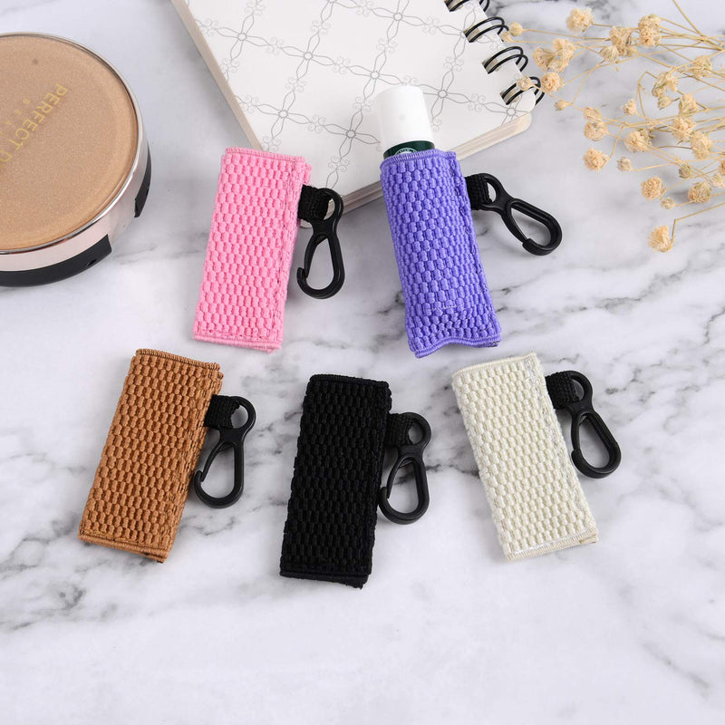 [Australia] - QianHai Chapstick Sleeve Keychain Clip-on Sleeve Lipstick Pouch Elastic Lip Balm Holster Stretch Travel Accessories Holder & Case (Pack of 5 Colors Pink/Purple/Sliver-Gray/Brown/Black) 