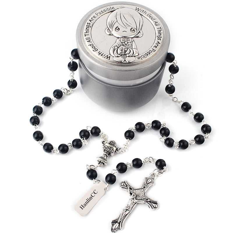 [Australia] - HanlinCC Girls and Boys First Communion Rosary Necklace with Silver Zinc Alloy Rosary Box Black Pearl First Communion Rosary with Box for Boy 