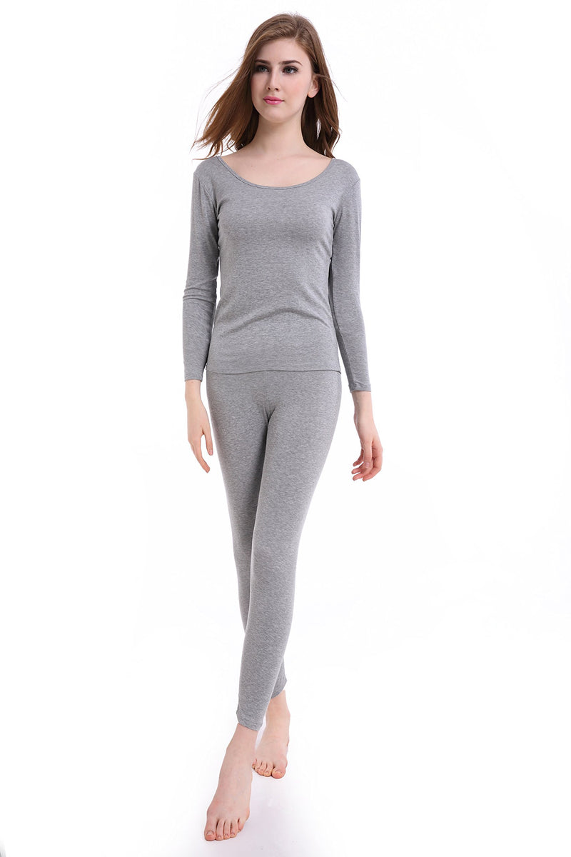 [Australia] - CnlanRow Womens Thermal Underwear Set Scoop Neck Tops & Bottom Ladies Thermals Base Layer L Light Gray 