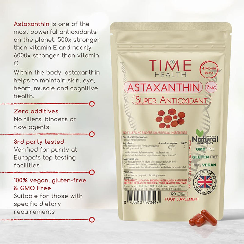 [Australia] - Astaxanthin - 7mg Optimal Dose - 120 Capsules - Super Antioxidant - Haematococcus Pluvialis - 100% Pure Natural Bioavailable 4 Month Supply - UK Manufactured - Zero Additives 120 Count (Pack of 1) 