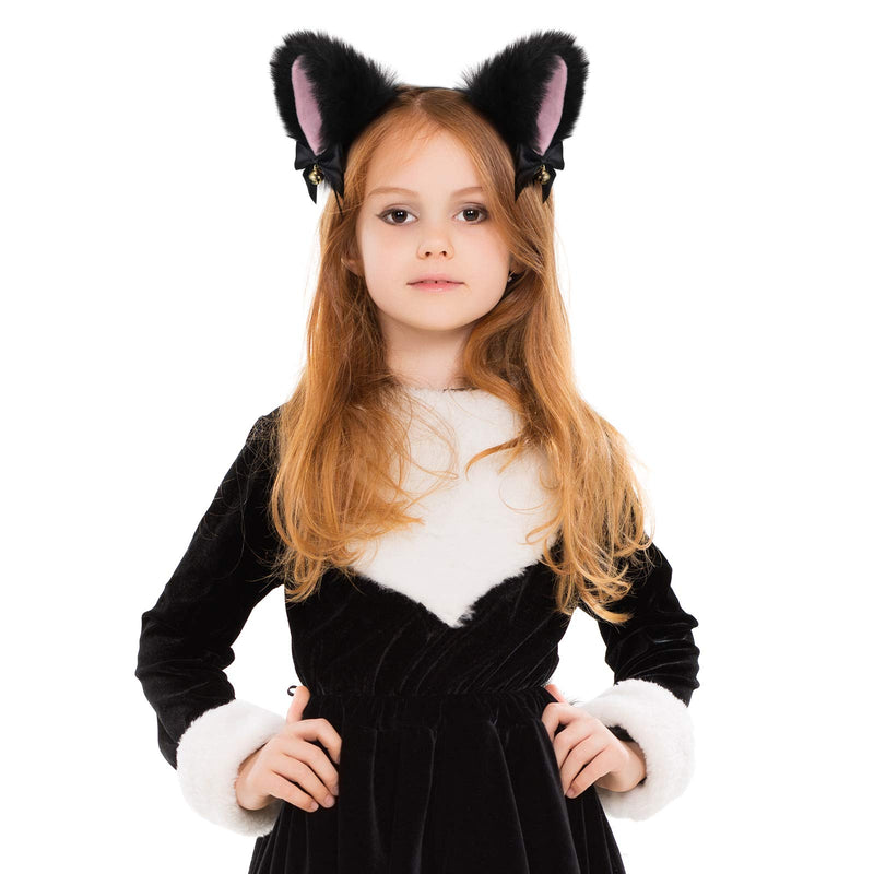 [Australia] - 2 Pieces Cat Ear Headband with Bells Cosplay Girl Plush Furry Cat Ears Headwear Fancy Dress Cat Ear Hairband for Costume Party White, Black 