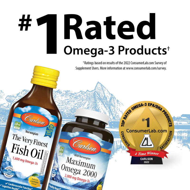 [Australia] - Carlson - Super D Omega-3, Wild-Caught Norwegian Arctic Cod Liver Oil, 2000 IU (50 mcg) Vitamin D3, 1100 mg Omega-3s, Sustainably Sourced Nordic Fish Oil Liquid, Lemon, 250 ml 8.4 Fl Oz (Pack of 1) Standard Packaging 