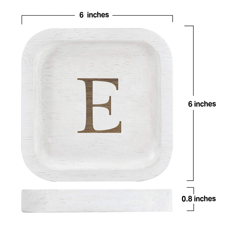 [Australia] - Solid Wood Personalized Initial Letter Jewelry Display Tray Decorative Trinket Dish Gifts For Rings Earrings Necklaces Bracelet Watch Holder (6"x6" Sq White "E") 6"x6" Sq White "E" 