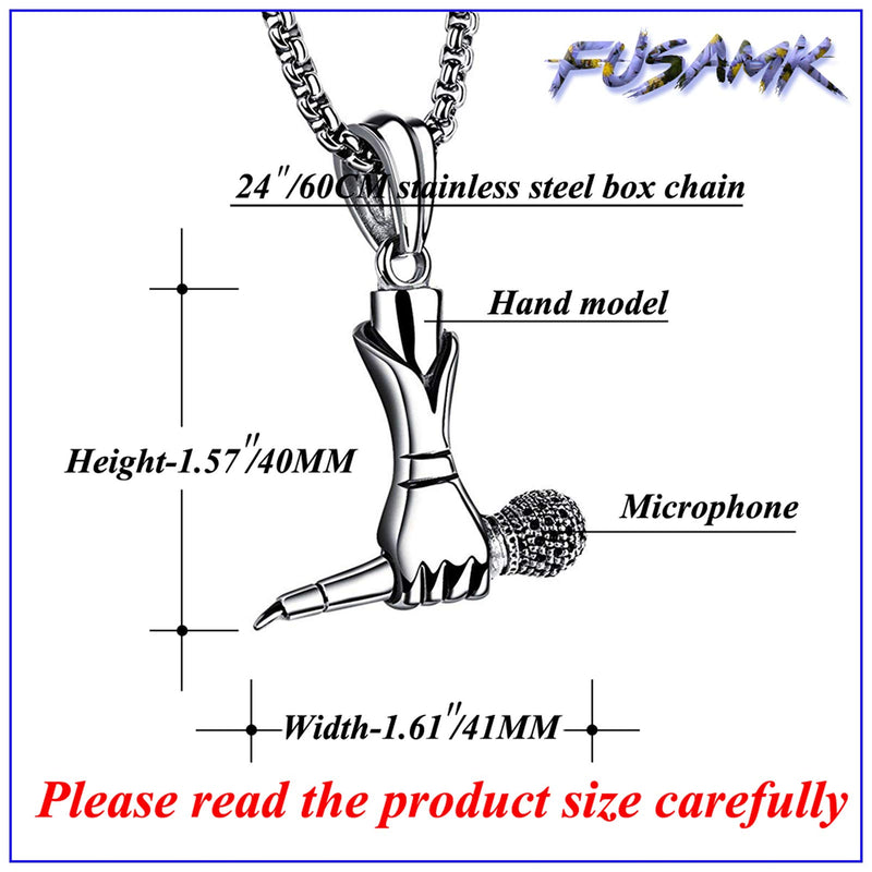 [Australia] - Fusamk Hip Hop Music Titanium Steel Microphone Tag Pendant 24" Chain Necklace Steel Hand Microphone 