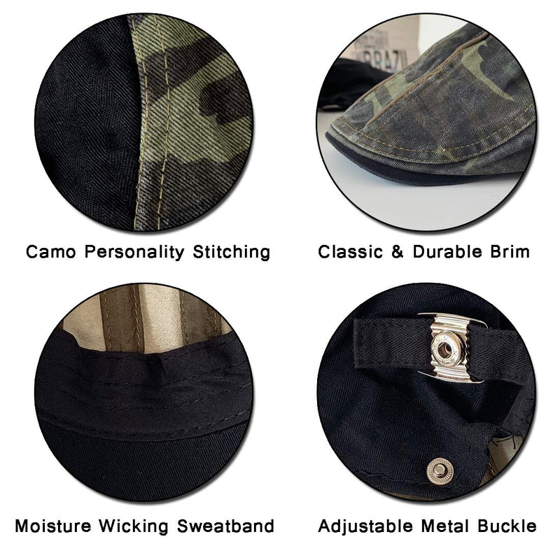 [Australia] - DOCILA 2 Pack Camo Newsboy Cap for Men Cozy Cotton Flat Ivy Gatsbay Hat Breathable Mesh Outdoor Cabbie Beret Hat B-blackgreen 