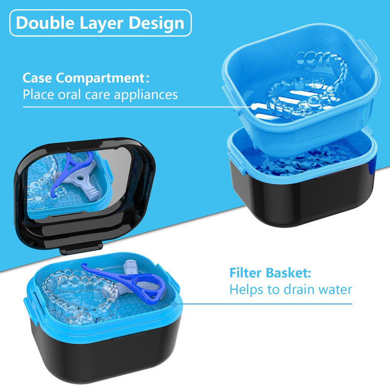 [Australia] - BVN Denture Bath Denture Case: Denture Cup for Soaking Dentures, Retainer Cleaner Case with Mirror, Mouth Guard Case, Aligner Case, Retainer Holder, Night Guard Case, False Teeth Container Black Black Blue 